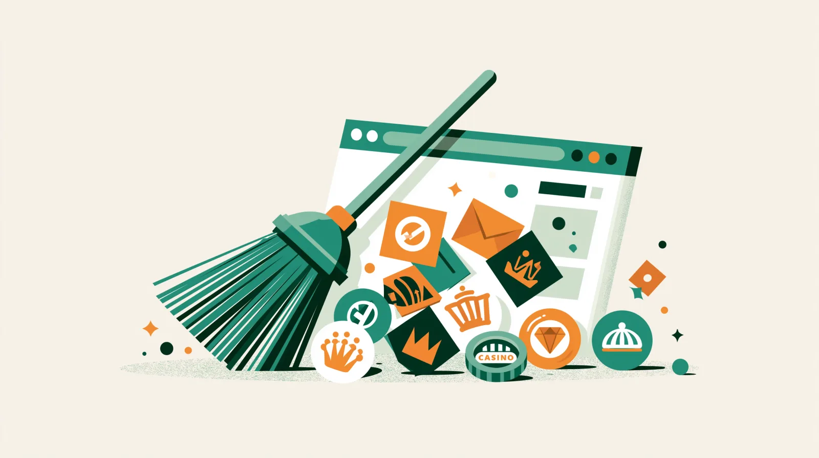 Balai nettoyant le spam et les icônes casino d'un site WordPress
