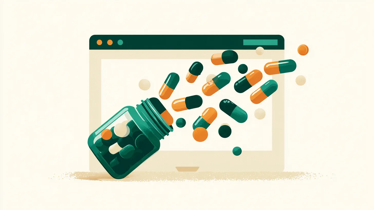 Flacon de pilules renversé sur un écran, illustration du pharma hack WordPress